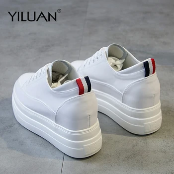 Yiluan/ damskie białe buty ze skóry naturalnej, buty na platformie, kolekcja 2019 roku, Wiosna-jesień, Modne damskie obuwie buty w kolorze czarnym, zwiększając Wzrost