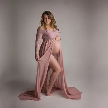 Zakurzone-Różowe Długa Sukienka Z Szyfonu Do Fotografowania Kobiet W Ciąży, Sukienki Dla Kobiet W Ciąży Ze Słodkim Sercem Do Sesji Zdjęciowej, Sukienka Dla Kobiet W Ciąży Z Rozcięciem