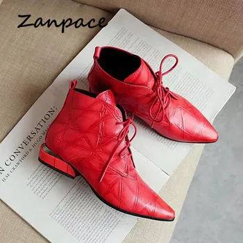 Zanpace/damskie buty; Modne damskie botki; buty damskie sznurowane z ostrym czubkiem; skórzane buty na niskim obcasie; codzienne czarne Czerwone buty