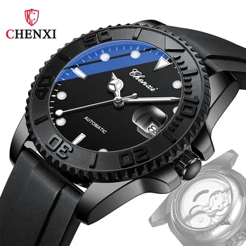 Zegarki męskie Chenxi, Modne Biznesowych Klasyczne Czarne Automatyczne Zegarki Mechaniczne dla Mężczyzn, Silikonowy Pasek Wodoodporny Zegarek
