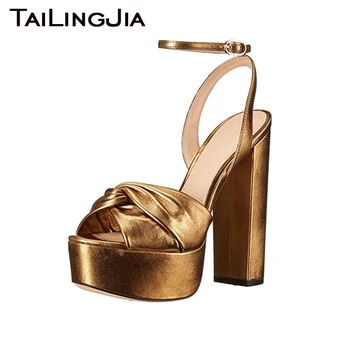 Złote sandały dla kobiet, buty na platformie eleganckie imprezy pasek kostki obcasy Damskie open toe 2020 duży rozmiar wiązane letnie wysokie obcasy