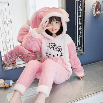 Санрио, Hello Kitty Pluszowy Strona Ubrania Dla Dzieci Kawaii Kreskówka Piżamy Dla Dziewczynek Jesień Zima Koral Aksamit Zgrubienie Piżamy Dziecięce